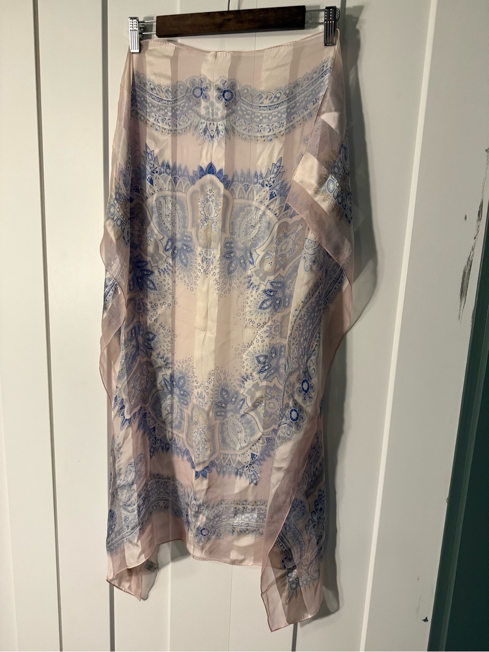 Light Pink Paisley 100% Silk Scarf Wrap with Blue Accents